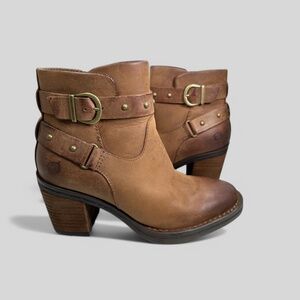 BØrn Brown Leather Buckle Strap Block Heel Ankle Boots US 6